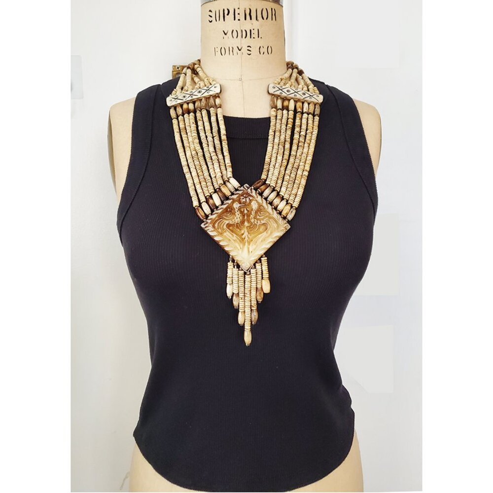 Vintage Tribal 8-Strand Beaded + Carved Peacock Bib Statement Necklace